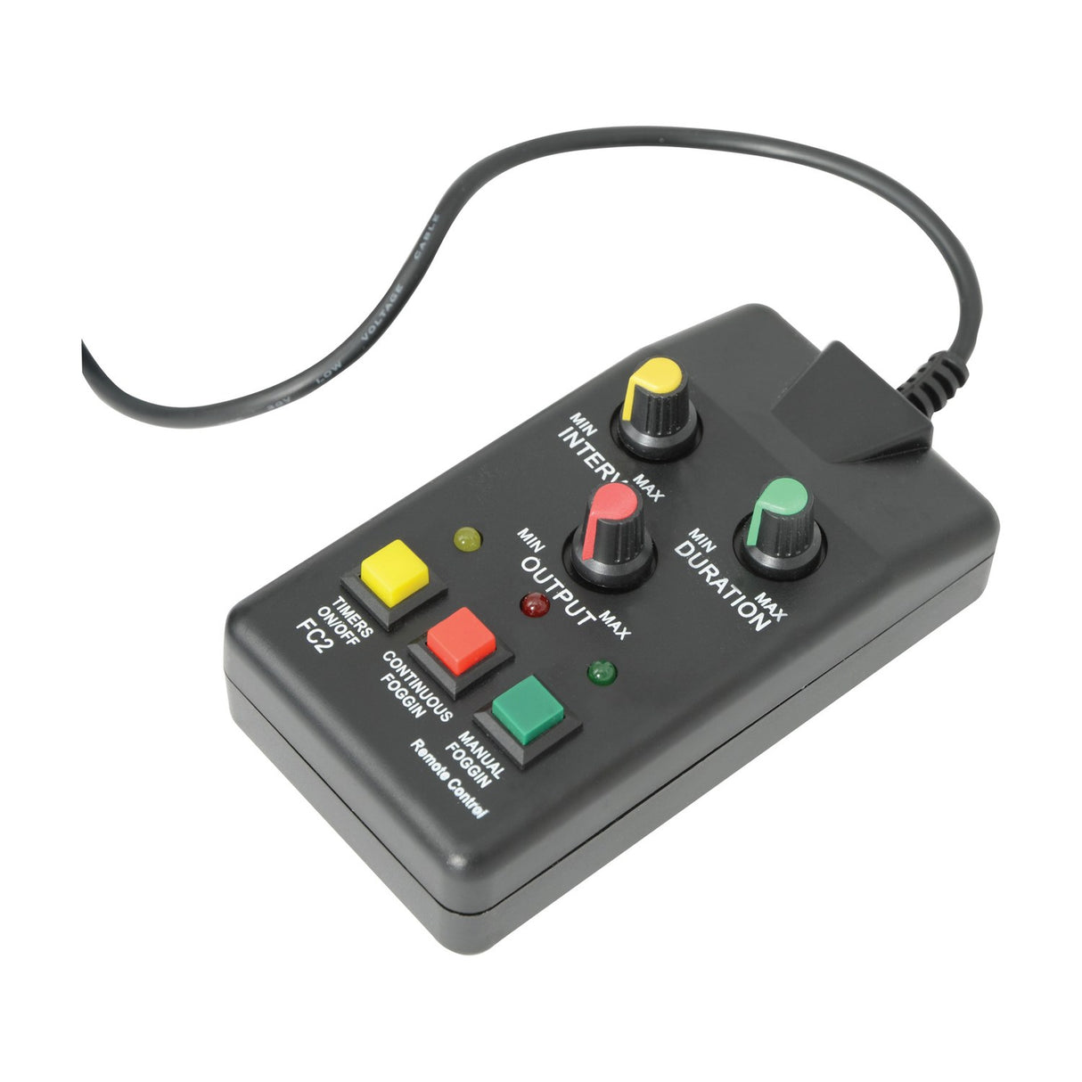 QTX FH-700 wired timer remote with yellow, red and green buttons, three coloured control knobs for interval, output and duration, on a white background.