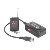 QTX WR1 Wireless Remote for Smoke and Haze Machines by AVSL, showing black handheld transmitter with four red channel buttons and magnetic receiver unit.