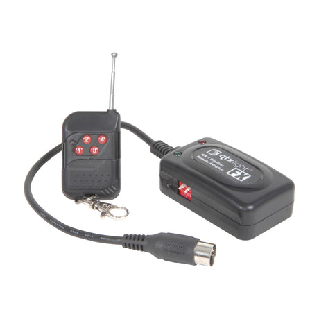 QTX WR1 Wireless Remote for Smoke and Haze Machines by AVSL, showing black handheld transmitter with four red channel buttons and magnetic receiver unit.
