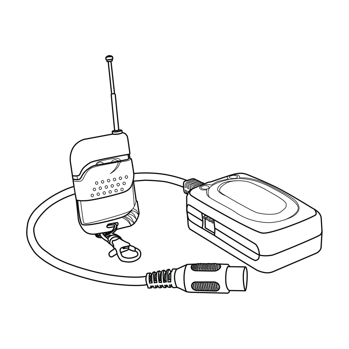 QTX WR1 wireless remote handset with antenna and keychain clip, alongside receiver unit with connecting cable, for QTX smoke and haze machines.