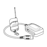 QTX WR1 wireless remote handset with antenna and keychain clip, alongside receiver unit with connecting cable, for QTX smoke and haze machines.