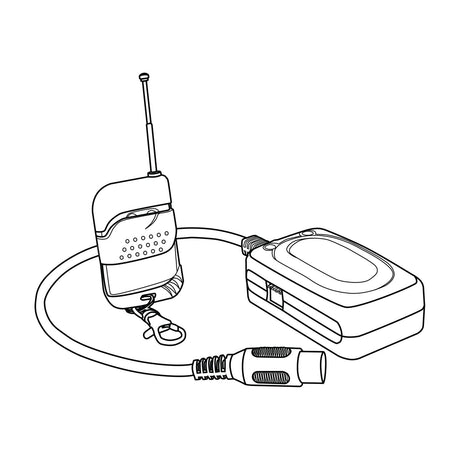 QTX WR1 wireless remote handset with antenna and keychain clip, alongside receiver unit with connecting cable, for QTX smoke and haze machines.