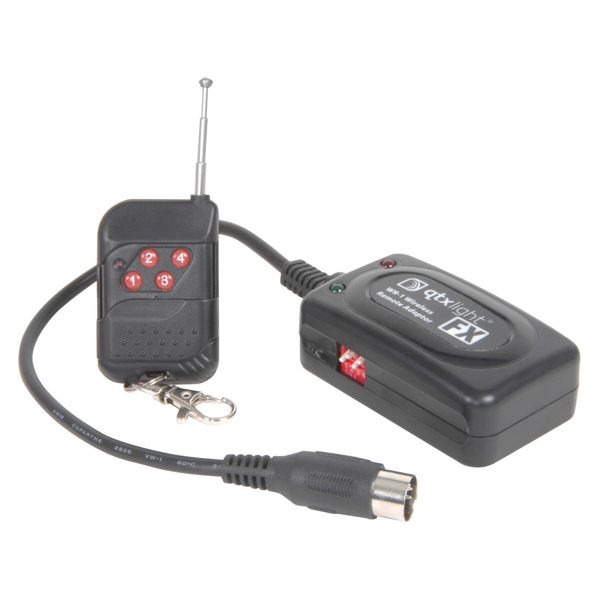 The QTX WR1: Wireless Remote For Smoke/Haze Machines is perfect for operating fog and haze machines. It includes a stylish black transmitter equipped with four red numbered buttons, an elongated antenna, and a receiver that comes with an attached cable and plug for straightforward installation.