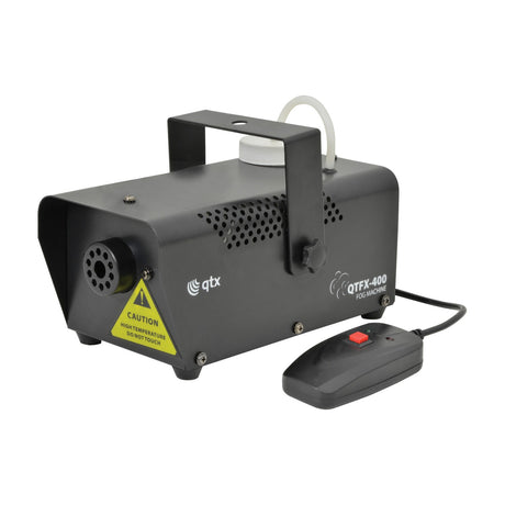 QTX QTFX-400 compact 400W fog machine in matte black steel housing with fluid tank, mounting bracket, caution label and wired remote control.