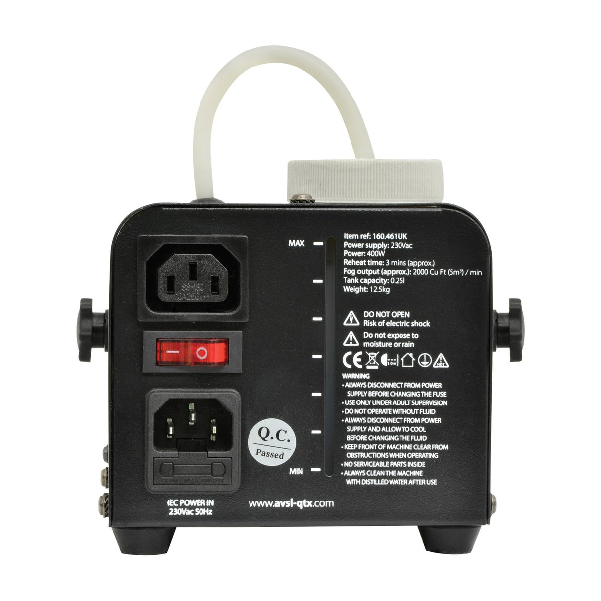 Rear view of AVSL QTX QTFX-400 400W fog machine in black steel with IEC inlet, red power switch, fluid gauge and specification label.