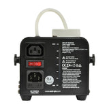Rear view of AVSL QTX QTFX-400 400W fog machine in black steel with IEC inlet, red power switch, fluid gauge and specification label.