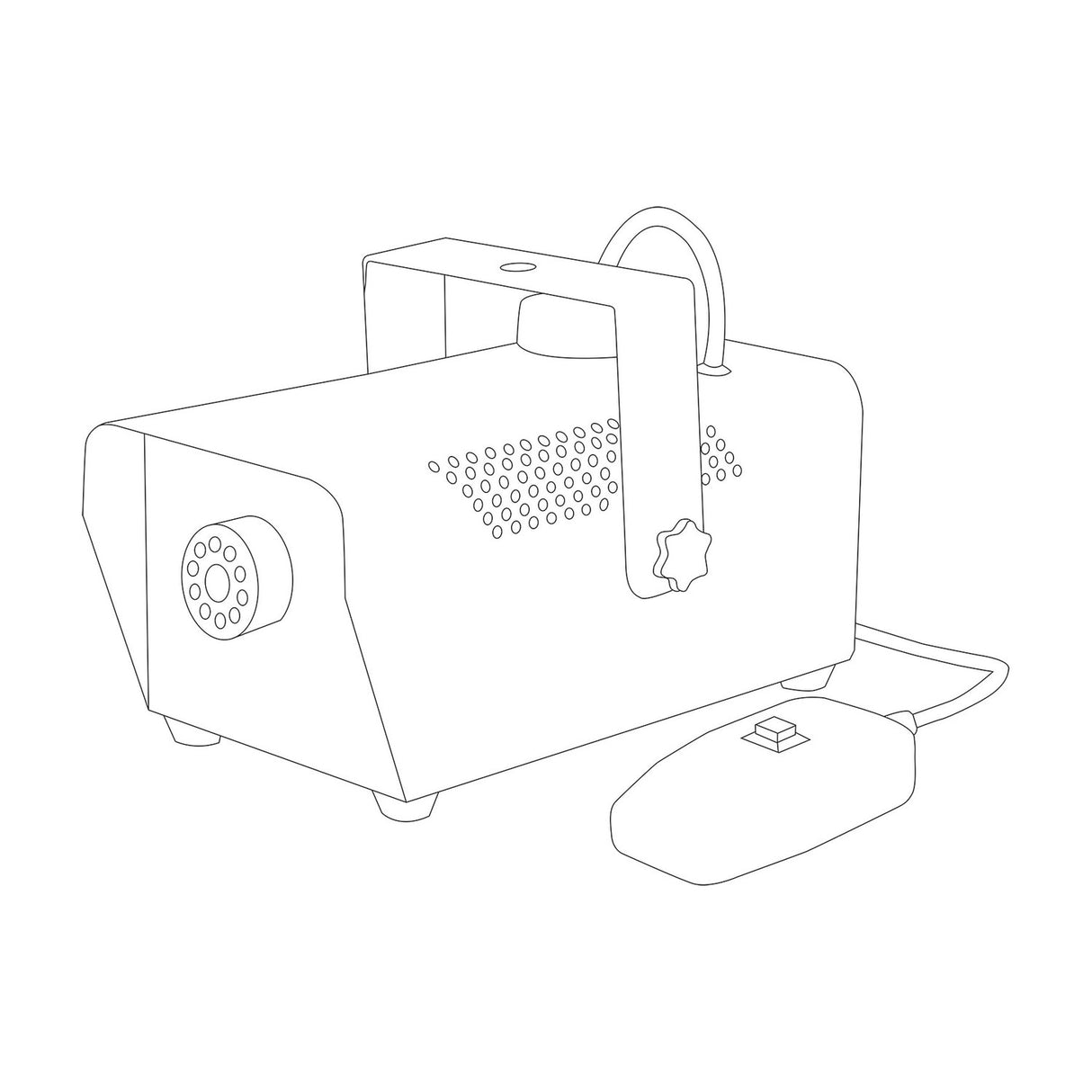 Line drawing of the QTX QTFX-400 compact 400W fog machine with tilting mounting bracket, side nozzle, vented top and wired remote control.