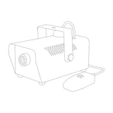 Line drawing of the QTX QTFX-400 compact 400W fog machine with tilting mounting bracket, side nozzle, vented top and wired remote control.