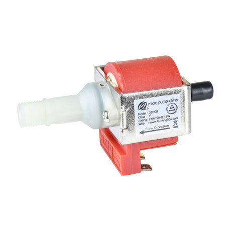 QTX small replacement pump for smoke machines with red solenoid coil, metal casing, white plastic barbed outlet and spade terminals, on a white background.