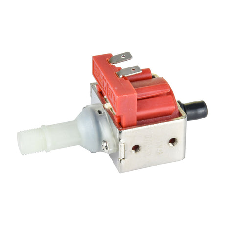 QTX small replacement pump for smoke machines with metal casing, red electrical connector, spade terminals and white barbed fluid inlet, on a white background.