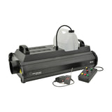 QTX QTFX-2000 MkII 2000W fog machine in matte black with side handles, 5-litre fluid tank, wired timer controller and wireless remote on a white background.