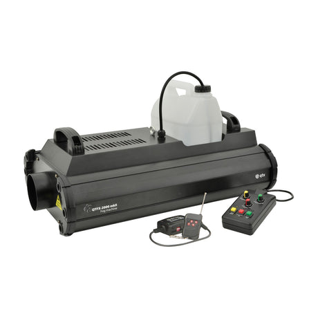 QTX QTFX-2000 MkII 2000W fog machine in matte black with side handles, 5-litre fluid tank, wired timer controller and wireless remote on a white background.