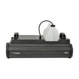 QTX QTFX-2000 MkII 2000W fog machine in matte black with side carry handles and a translucent 5-litre fluid tank connected on top, on a white background.