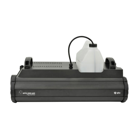 QTX QTFX-2000 MkII 2000W fog machine in matte black with side carry handles and a translucent 5-litre fluid tank connected on top, on a white background.