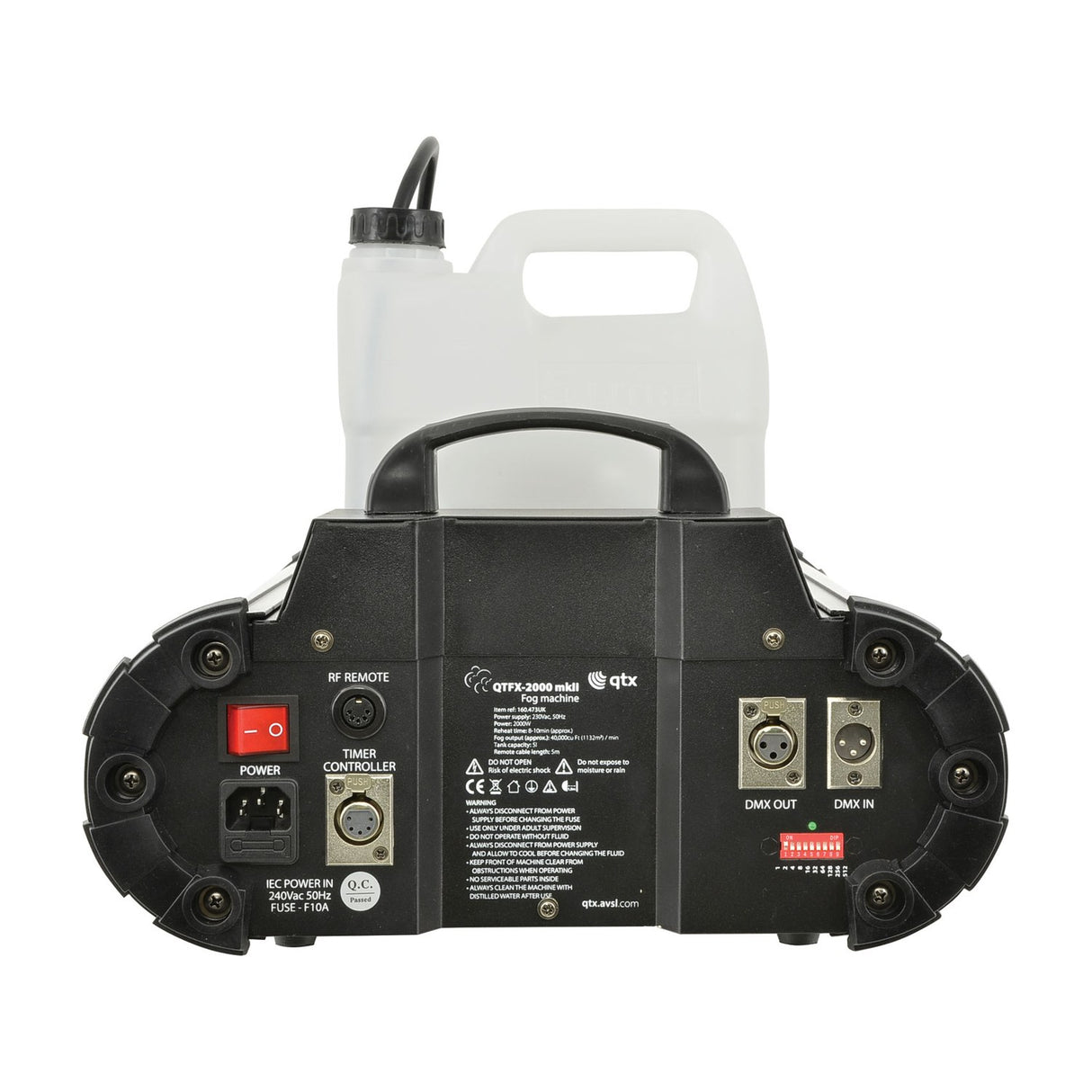 Rear view of the QTX QTFX-2000 MkII 2000W fog machine showing power switch, IEC inlet, timer controller port, DMX in/out, DIP switches and 5L fluid tank.