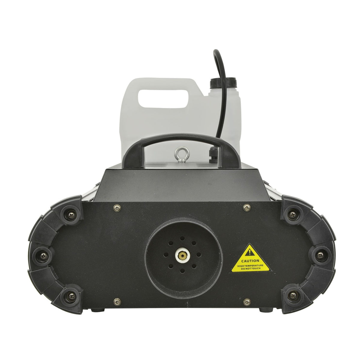 QTX QTFX-2000 MkII 2000W fog machine side view showing black casing, nozzle outlet, caution label, and translucent 5-litre fluid tank on top.