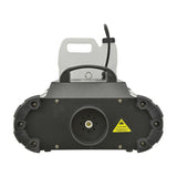 QTX QTFX-2000 MkII 2000W fog machine side view showing black casing, nozzle outlet, caution label, and translucent 5-litre fluid tank on top.