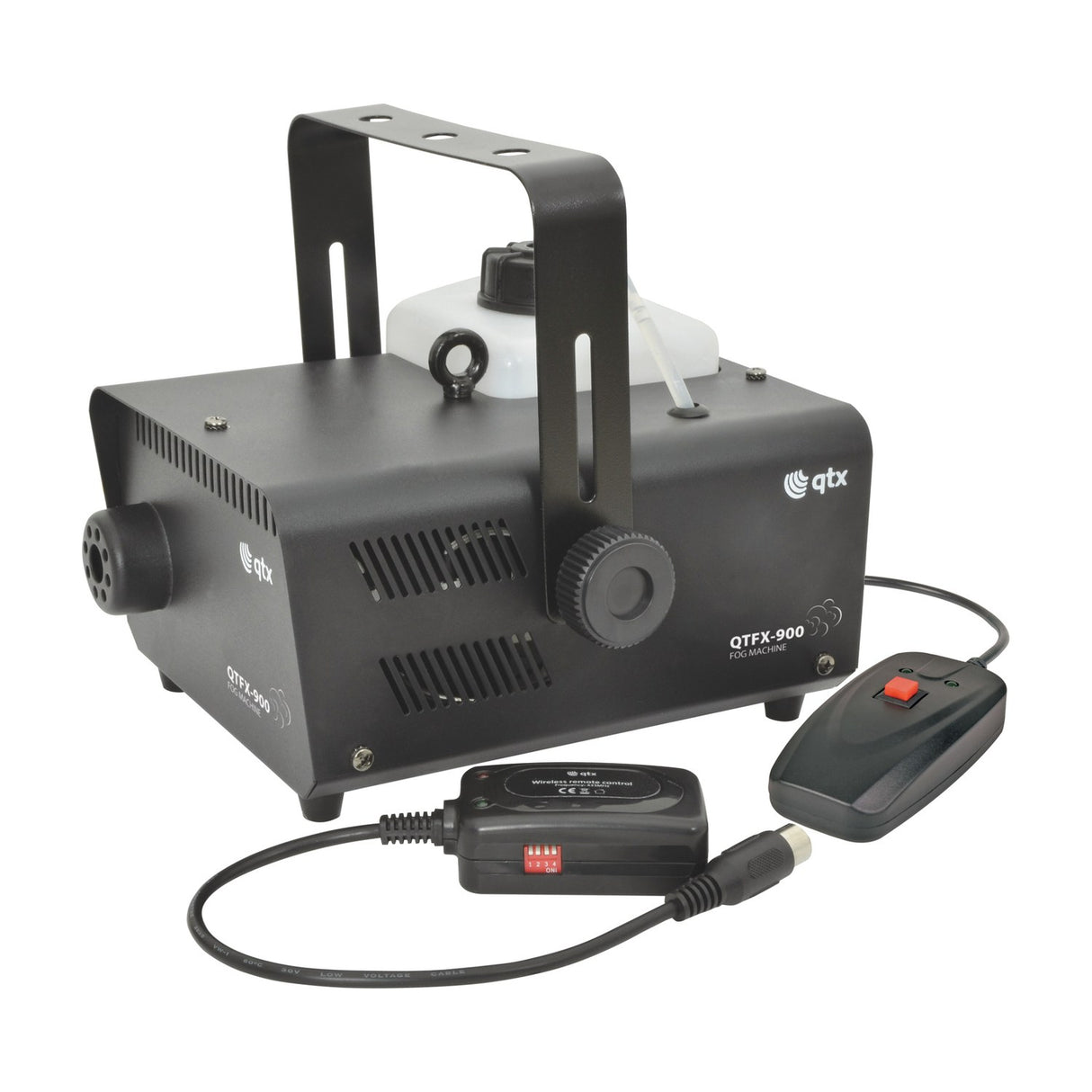 QTX QTFX-900 900W fog machine in matt black metal housing with fluid tank, folding carry handle, wired remote and 433MHz wireless remote.