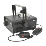 QTX QTFX-900 900W fog machine in matt black metal housing with fluid tank, folding carry handle, wired remote and 433MHz wireless remote.