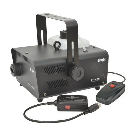 QTX QTFX-900 900W fog machine in matt black metal housing with fluid tank, folding carry handle, wired remote and 433MHz wireless remote.