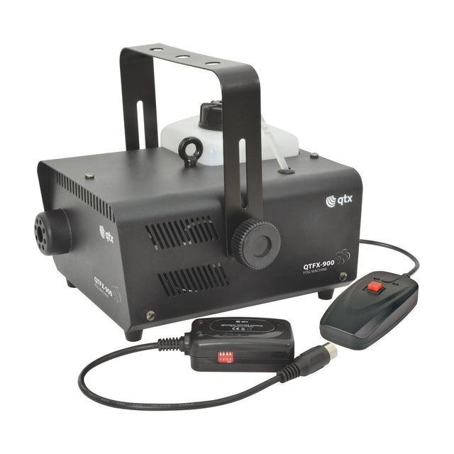 QTX QTFX-900 900W fog machine in matt black metal housing with fluid tank, folding carry handle, wired remote and 433MHz wireless remote.