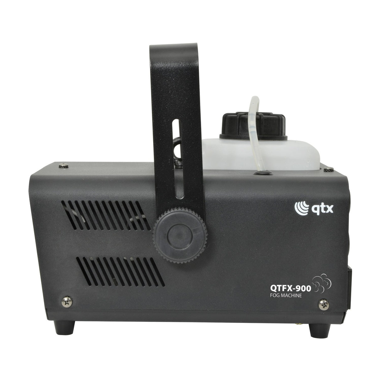 Side view of the QTX QTFX-900 fog machine in matt black with folding carry handle, ventilation slots, and translucent 1.3L fluid tank on top.