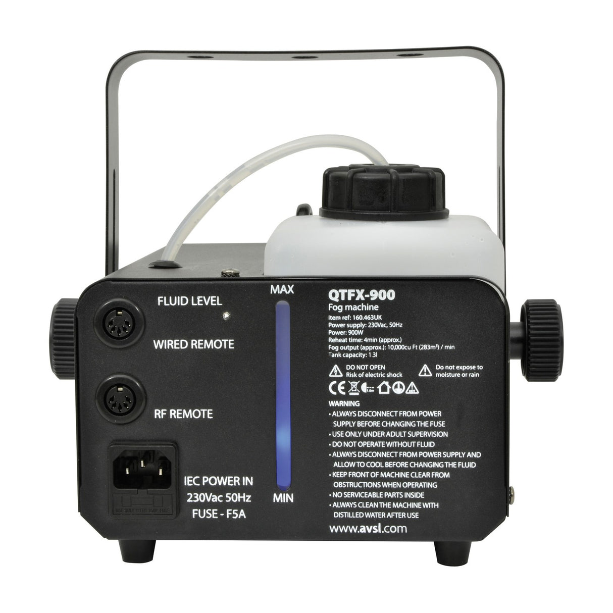 Rear view of the QTX QTFX-900 900W fog machine from AVSL, showing IEC power inlet, wired and RF remote sockets, fluid level gauge and refill tank.