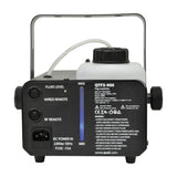 Rear view of the QTX QTFX-900 900W fog machine from AVSL, showing IEC power inlet, wired and RF remote sockets, fluid level gauge and refill tank.