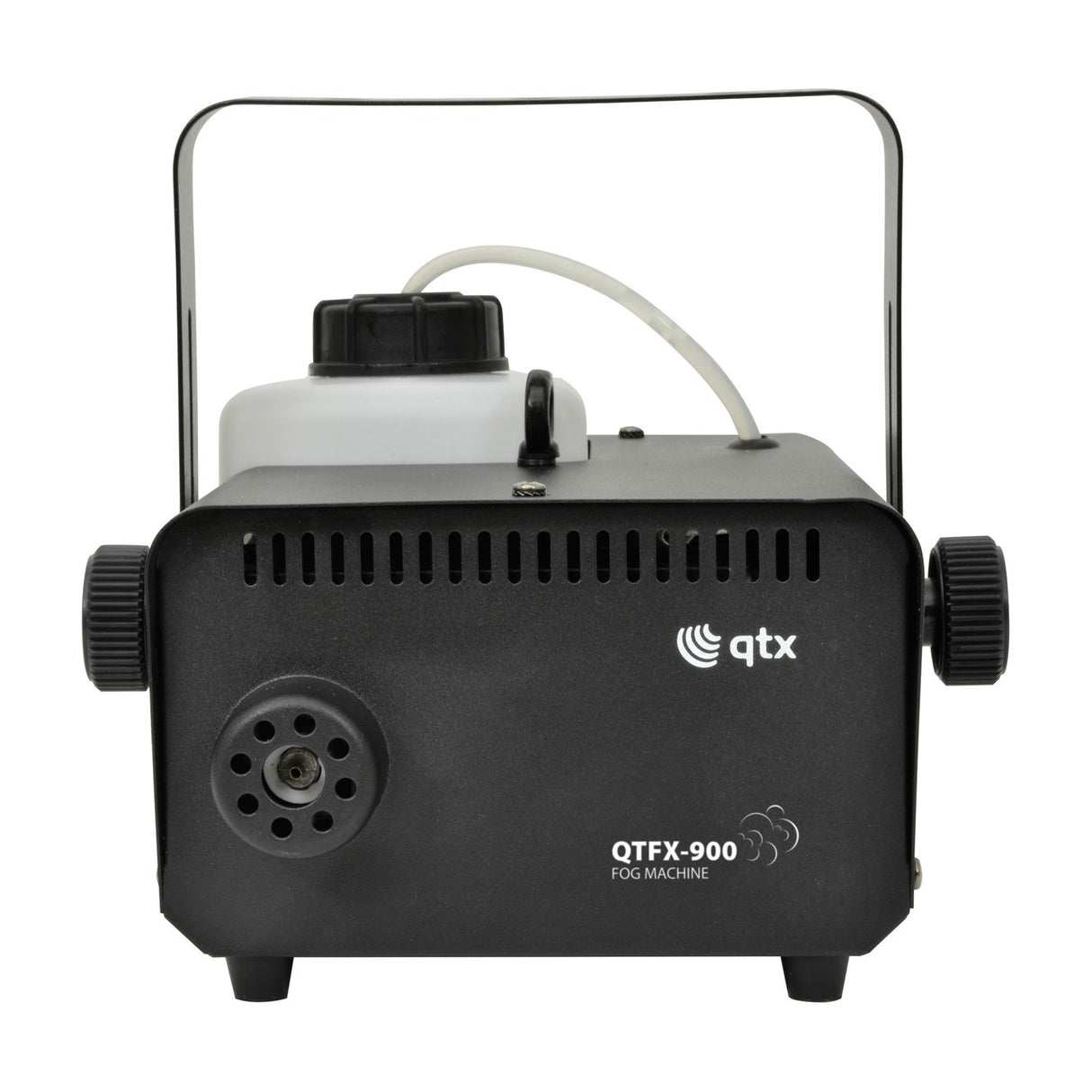 QTX QTFX-900 900W fog machine in matt black metal housing with 1.3L fluid tank, folding carry handle and front nozzle, shown on a white background.