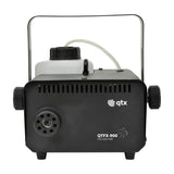 QTX QTFX-900 900W fog machine in matt black metal housing with 1.3L fluid tank, folding carry handle and front nozzle, shown on a white background.