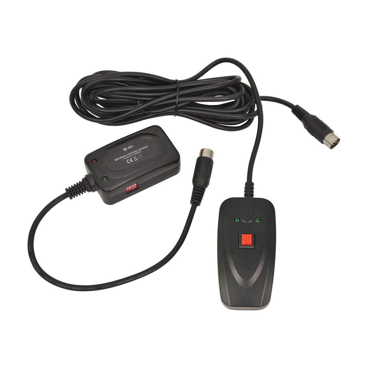 QTX QTFX-900 fog machine wireless 433MHz RF receiver module and wired handheld remote with red trigger button, shown coiled on a white background.