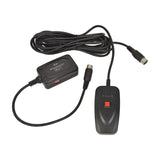 QTX QTFX-900 fog machine wireless 433MHz RF receiver module and wired handheld remote with red trigger button, shown coiled on a white background.