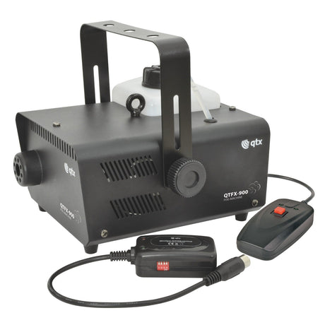 The QTX QTFX-900 Fog Machine - 900W boasts a sleek black metal casing and includes a remote control for added convenience. Its advanced digital temperature control ensures consistent performance, while the anti-jamming technology prevents disruptions. An elegant plastic fluid container is positioned on top.