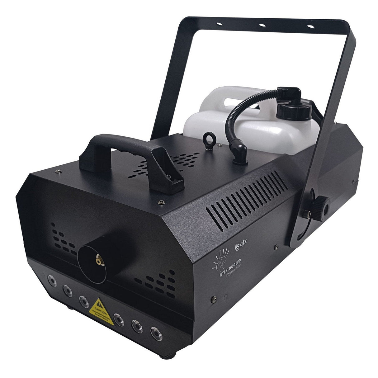 The QTX High Power Smart LED Fog Machine - 2000W features a sleek design with a convenient handle and a white fluid tank positioned on top. It includes a nozzle for producing vibrant, colorful fog effects, along with multiple buttons located along the front edge. The device is slightly angled to the left and supports DMX control for flawless integration into your setup.