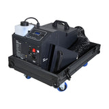 QTX UMBRA-1200 low mist generator in black wheeled flight case, showing fluid tank, digital control panel, DMX ports and flexible output duct.