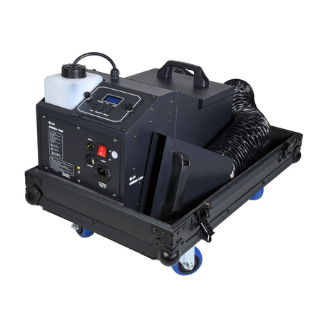 QTX UMBRA-1200 low mist generator in black wheeled flight case, showing fluid tank, digital control panel, DMX ports and flexible output duct.