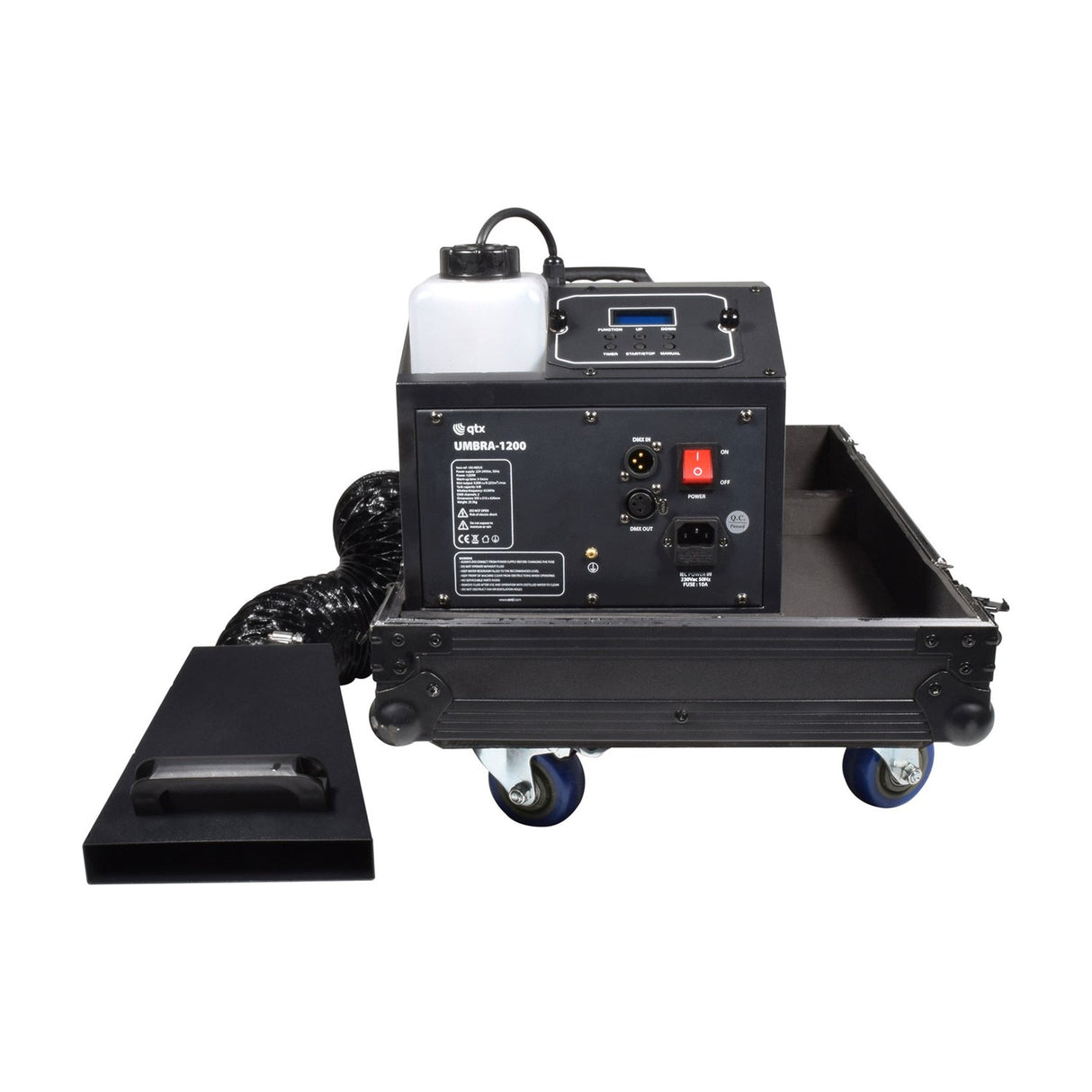 QTX UMBRA-1200 low mist generator with fog fluid tank, digital control panel, DMX ports and flexible duct, set in a wheeled black flight case.