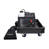 QTX UMBRA-1200 low mist generator with fog fluid tank, digital control panel, DMX ports and flexible duct, set in a wheeled black flight case.