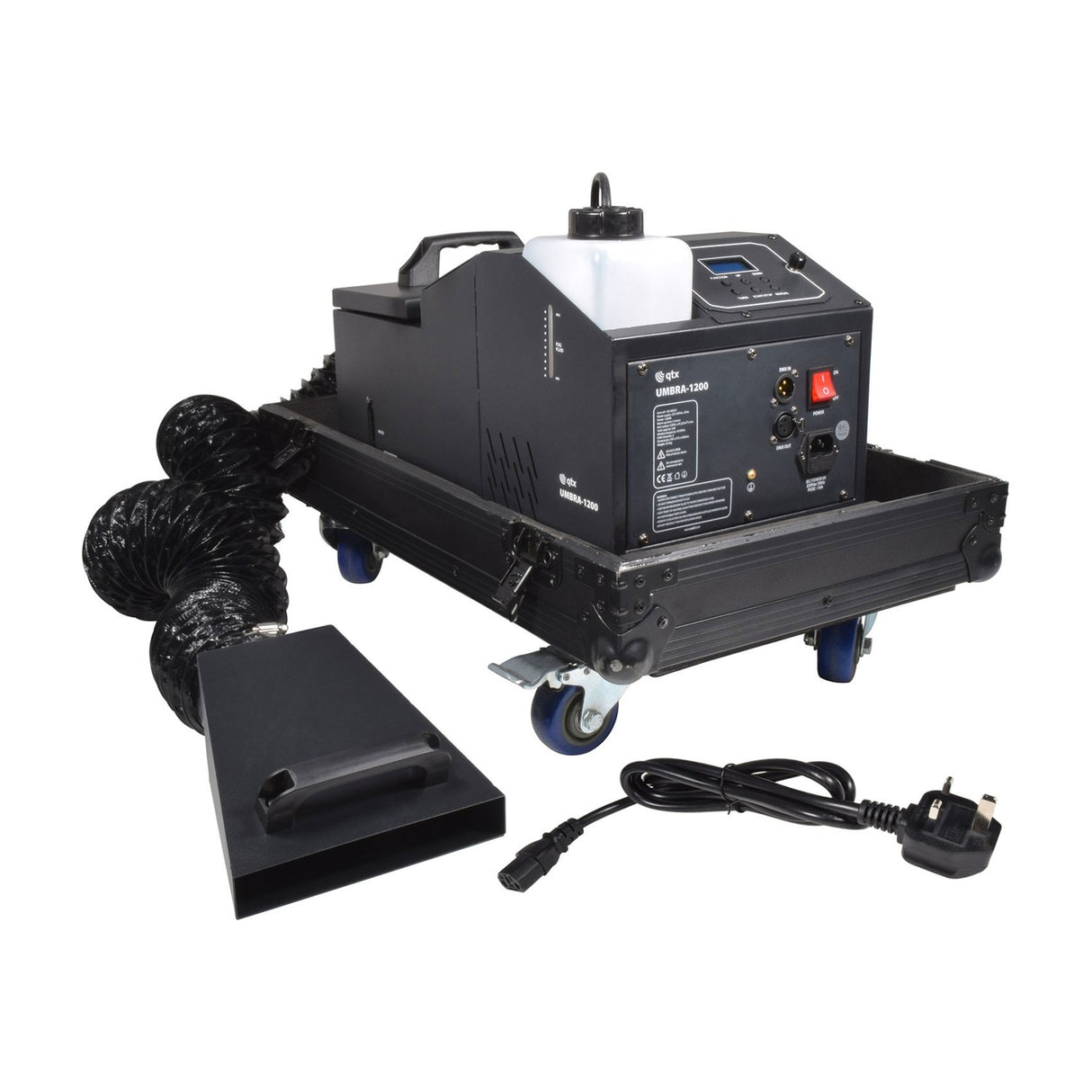 QTX UMBRA-1200 low mist generator in black wheeled flight case with flexible duct, directional funnel, fog fluid tank, DMX ports and UK power cable.