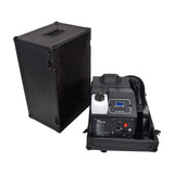 QTX UMBRA-1200 low mist generator with digital control panel, fluid tank and flexible duct, shown beside its black wheeled flight case on a white background.