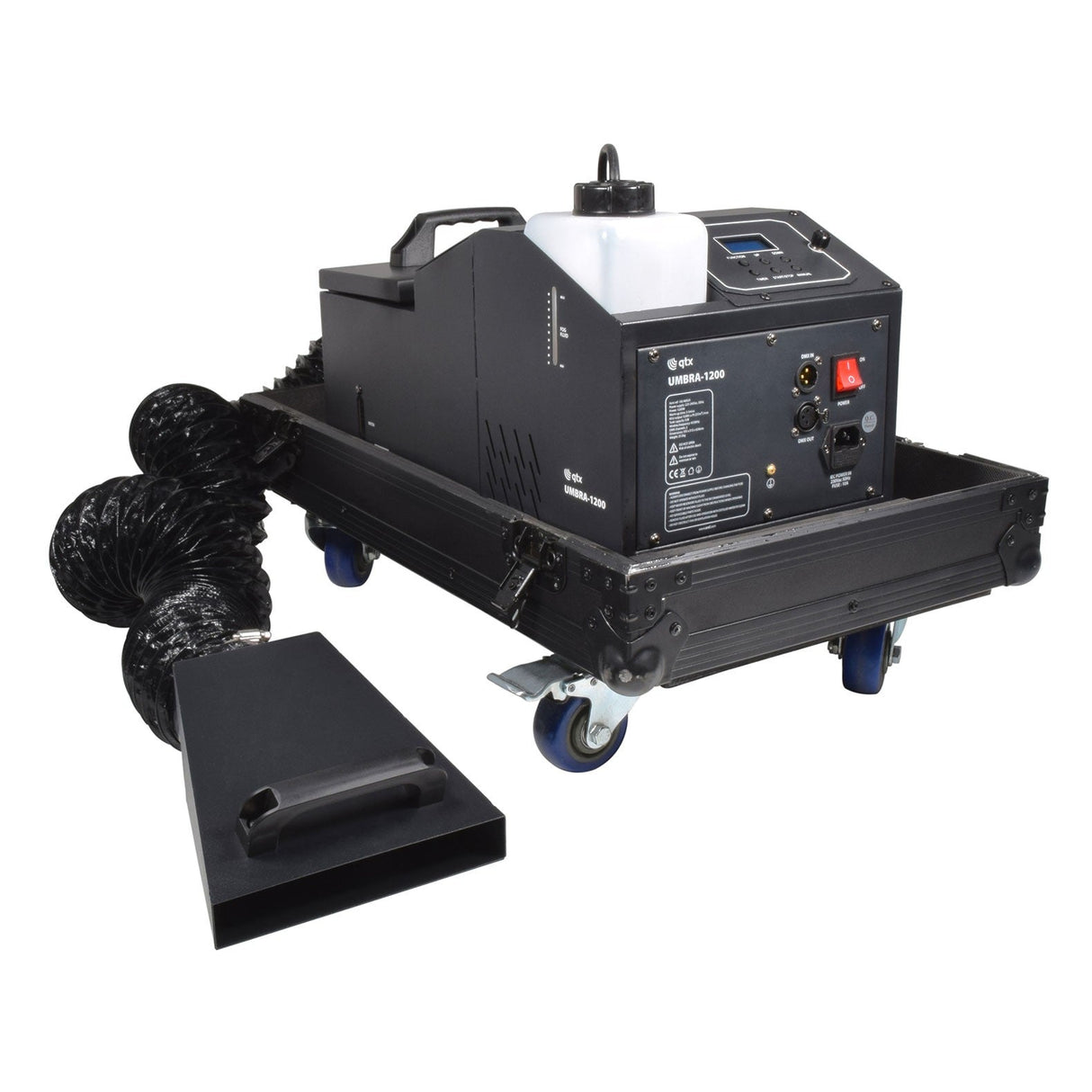 The QTX UMBRA-1200 Low Mist Generator, featuring a black housing and built-in control panel, is mounted on a wheeled platform. It includes a removable fluid tank and an attached flexible hose with a nozzle to produce low fog effects, ideal for creating ground-hugging mist to enhance any stage performance.