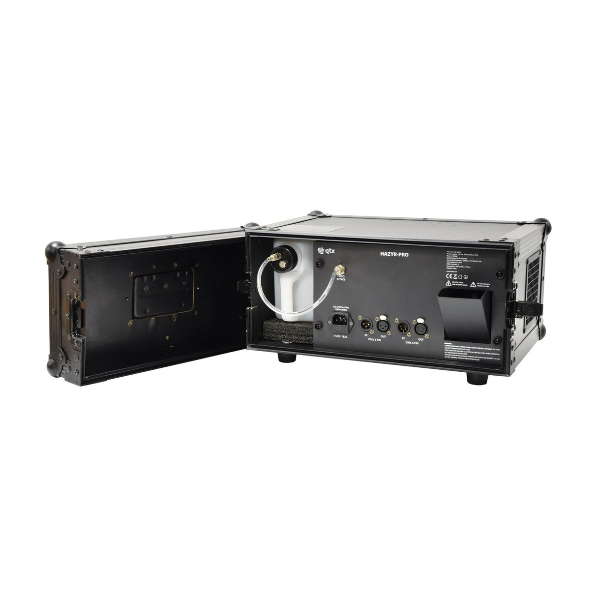 QTX HAZYR-PRO 1000W haze generator in black flight case with door open, showing fluid tank, IEC power inlet, and DMX 3-pin and 5-pin ports.