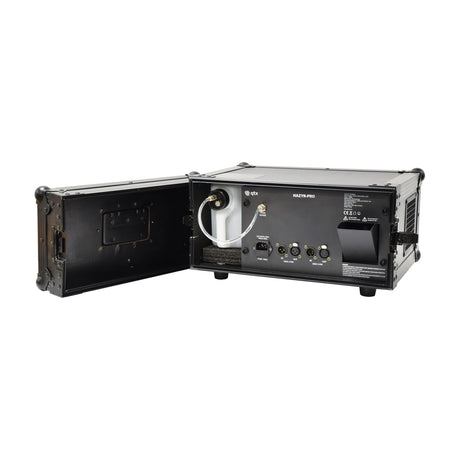 QTX HAZYR-PRO 1000W haze generator in black flight case with door open, showing fluid tank, IEC power inlet, and DMX 3-pin and 5-pin ports.