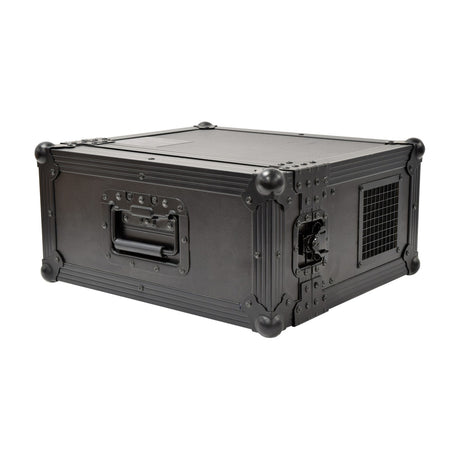 QTX HAZYR-PRO 1000W haze generator in a black flight case with metal corner protectors, side handle, DMX latch and vented grille, on a white background.