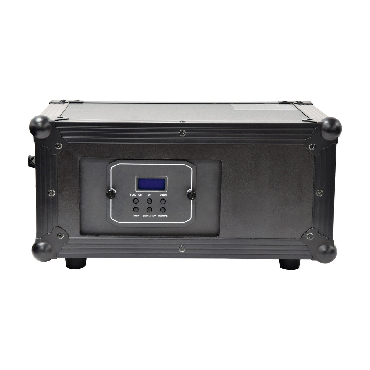 QTX HAZYR-PRO 1000W haze generator in black metal flight case with removable digital control panel, LCD display and function buttons, on white background.