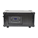 QTX HAZYR-PRO 1000W haze generator in black metal flight case with removable digital control panel, LCD display and function buttons, on white background.