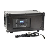 QTX HAZYR-PRO 1000W haze generator in black flight case with digital control panel, LCD display, function buttons and coiled DMX cable on white background.