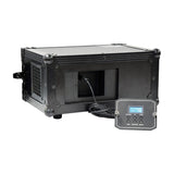 QTX HAZYR-PRO 1000W haze generator in a black flight case with metal corner protectors, front output nozzle and removable digital control panel with LCD.