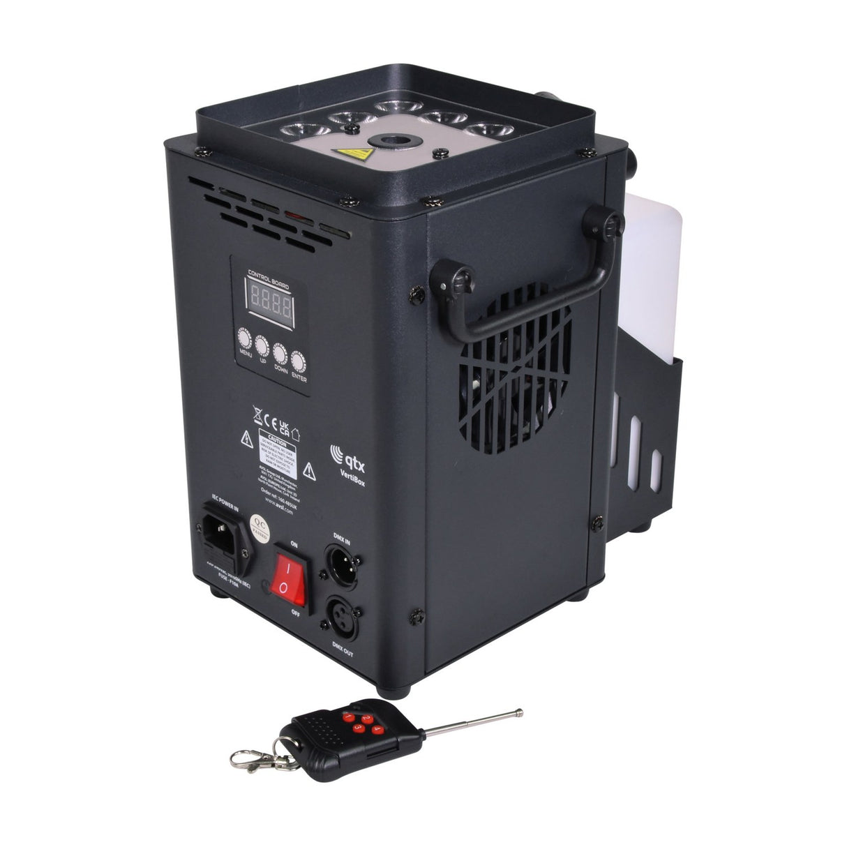 QTX VertiBox compact vertical LED fog machine in matte black with top-mounted RGBA LEDs, rear control panel, DMX ports, IEC inlet and wireless remote.