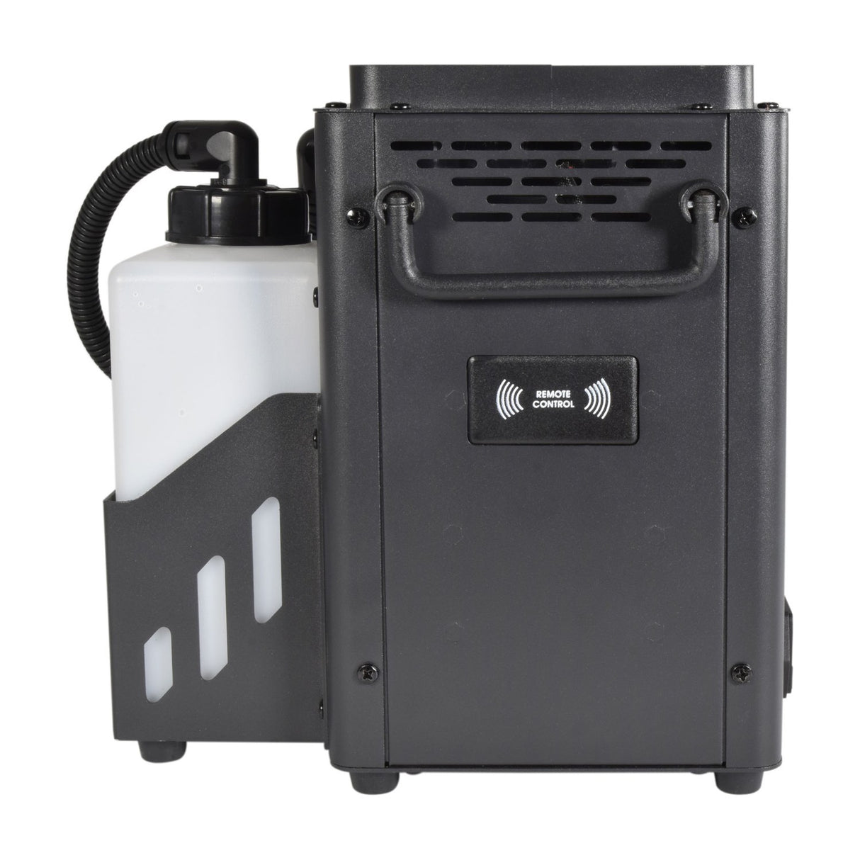 Side view of QTX VertiBox vertical LED fog machine showing matte black casing, folding handle, remote sensor and side-mounted fluid tank.